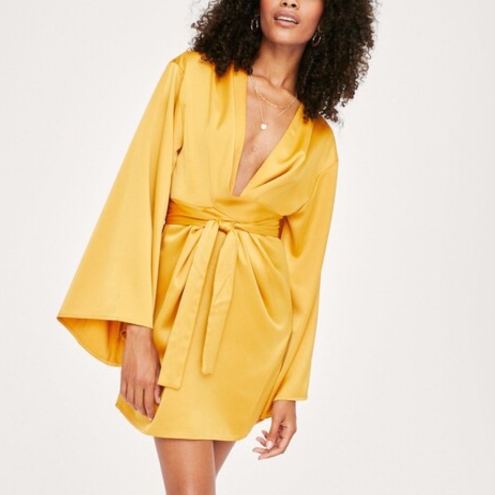 Nasty Gal Satin Wide Sleeve Tie Front Mini Dress